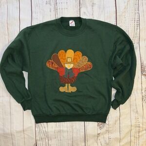 Jerzee Unisex Sweater Thanksgiving Turkey Embroidery Size L Made In USA